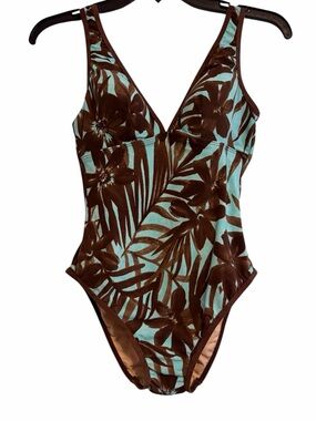 Magic suit blue and brown tropical print one piece swimsuit